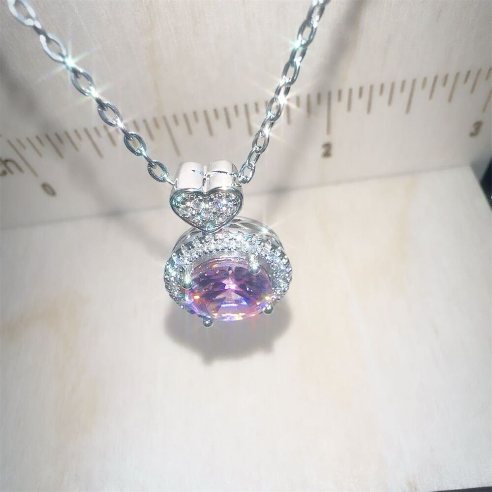 Pink Zircon Heart Pendant Necklace Silver Plated 18” - Picture 4 of 4